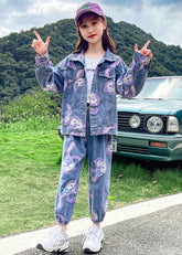 Casual Blau Peter Pan Kragen Cartoon Print Kinder Mädchen Denim Zwei Stück Set Herbst